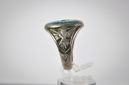 Vintage Size 10 Sterling Silver Oval Kingman Turquoise & Thunderbird Ring - Vintage Native Turquoise Ring Sz 10 Large Statement