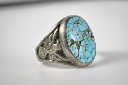 Vintage Size 10 Sterling Silver Oval Kingman Turquoise & Thunderbird Ring - Vintage Native Turquoise Ring Sz 10 Large Statement