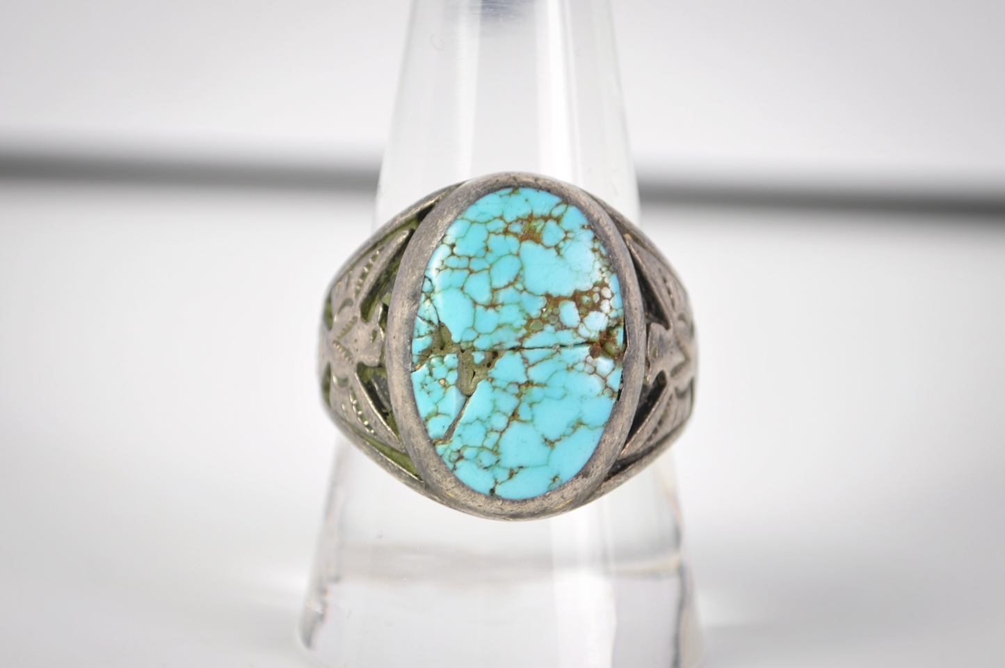 Vintage Size 10 Sterling Silver Oval Kingman Turquoise & Thunderbird Ring - Vintage Native Turquoise Ring Sz 10 Large Statement