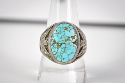 Vintage Size 10 Sterling Silver Oval Kingman Turquoise & Thunderbird Ring - Vintage Native Turquoise Ring Sz 10 Large Statement