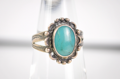 Vintage Size 6 Sterling Silver Oval Shadowbox Turquoise Ring - Vintage Native Turquoise Ring Sz 6