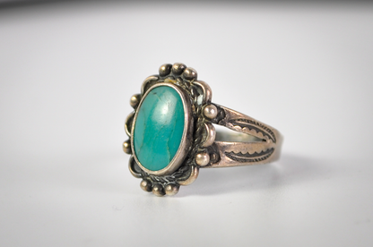 Vintage Size 6 Sterling Silver Oval Shadowbox Turquoise Ring - Vintage Native Turquoise Ring Sz 6
