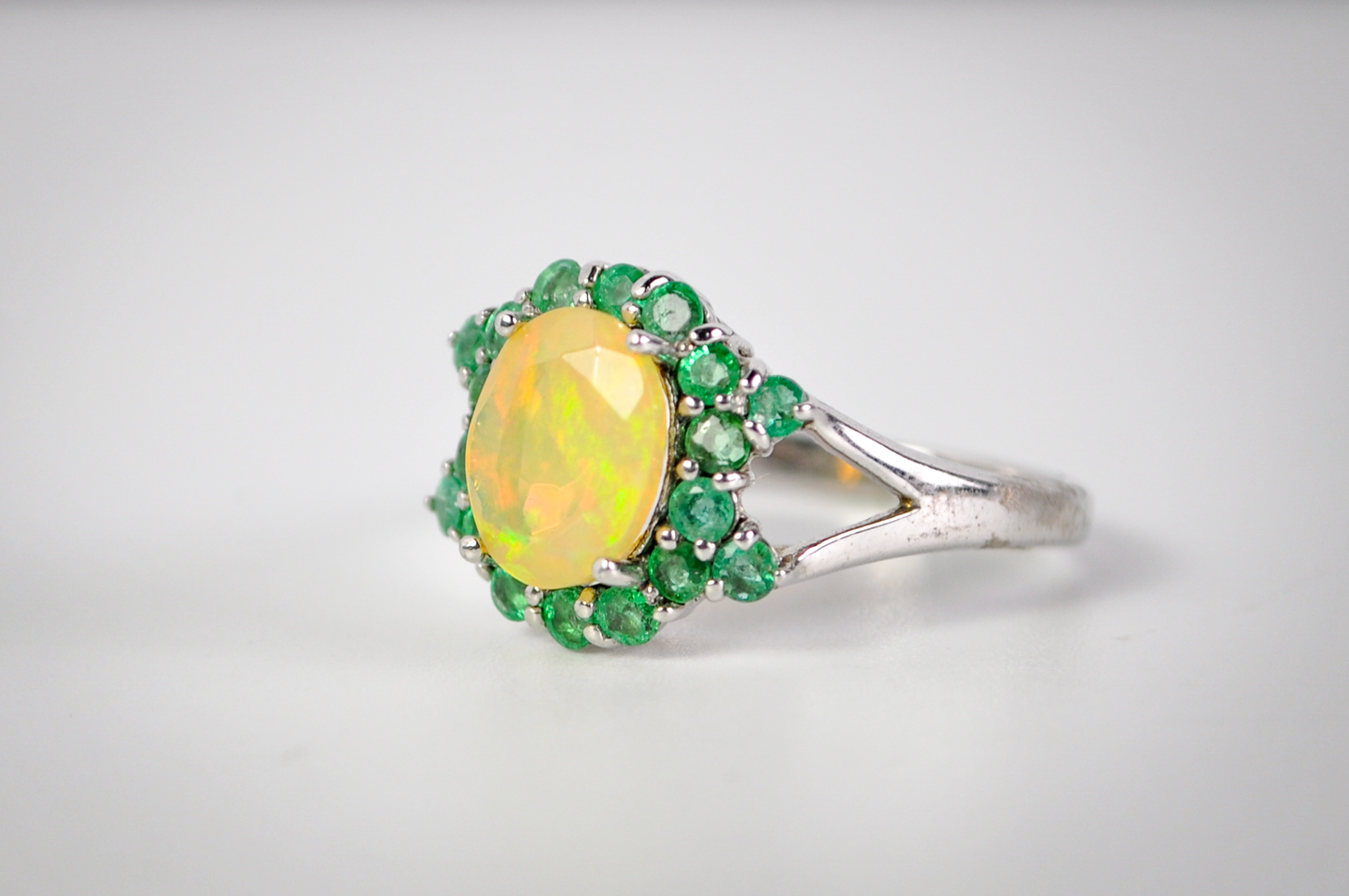 Signed BBJ Thailand 925 Sterling Silver Opal Ring with Green Halo Accent Stones - Vintage BBJ Silver Opal Cluster Ring Size 7