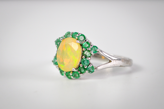 Signed BBJ Thailand 925 Sterling Silver Opal Ring with Green Halo Accent Stones - Vintage BBJ Silver Opal Cluster Ring Size 7