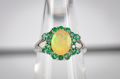 Signed BBJ Thailand 925 Sterling Silver Opal Ring with Green Halo Accent Stones - Vintage BBJ Silver Opal Cluster Ring Size 7