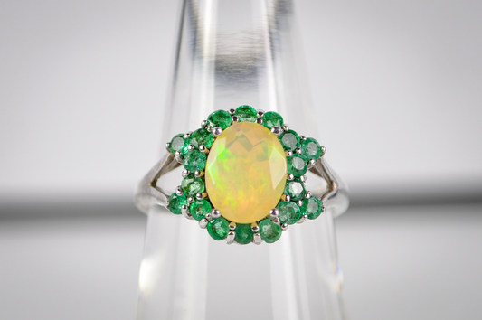 Signed BBJ Thailand 925 Sterling Silver Opal Ring with Green Halo Accent Stones - Vintage BBJ Silver Opal Cluster Ring Size 7