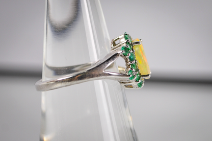 Signed BBJ Thailand 925 Sterling Silver Opal Ring with Green Halo Accent Stones - Vintage BBJ Silver Opal Cluster Ring Size 7