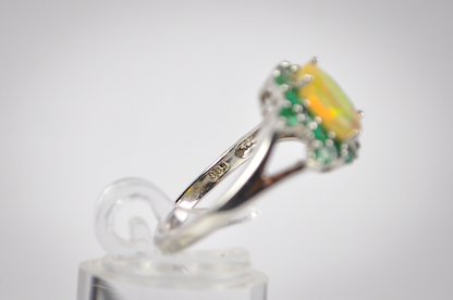 Signed BBJ Thailand 925 Sterling Silver Opal Ring with Green Halo Accent Stones - Vintage BBJ Silver Opal Cluster Ring Size 7