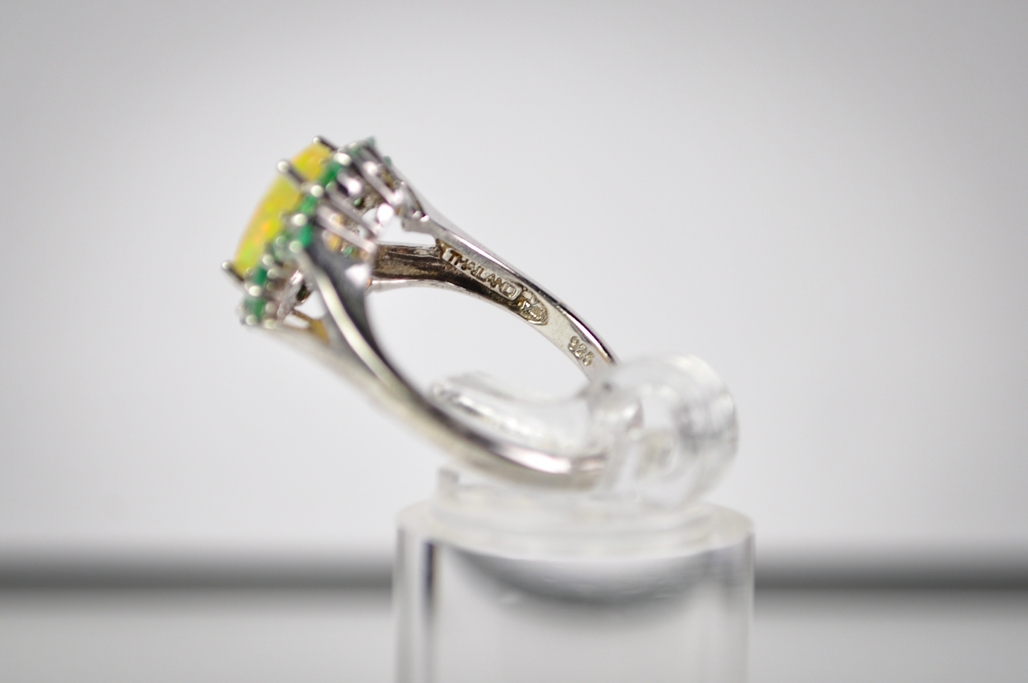 Signed BBJ Thailand 925 Sterling Silver Opal Ring with Green Halo Accent Stones - Vintage BBJ Silver Opal Cluster Ring Size 7