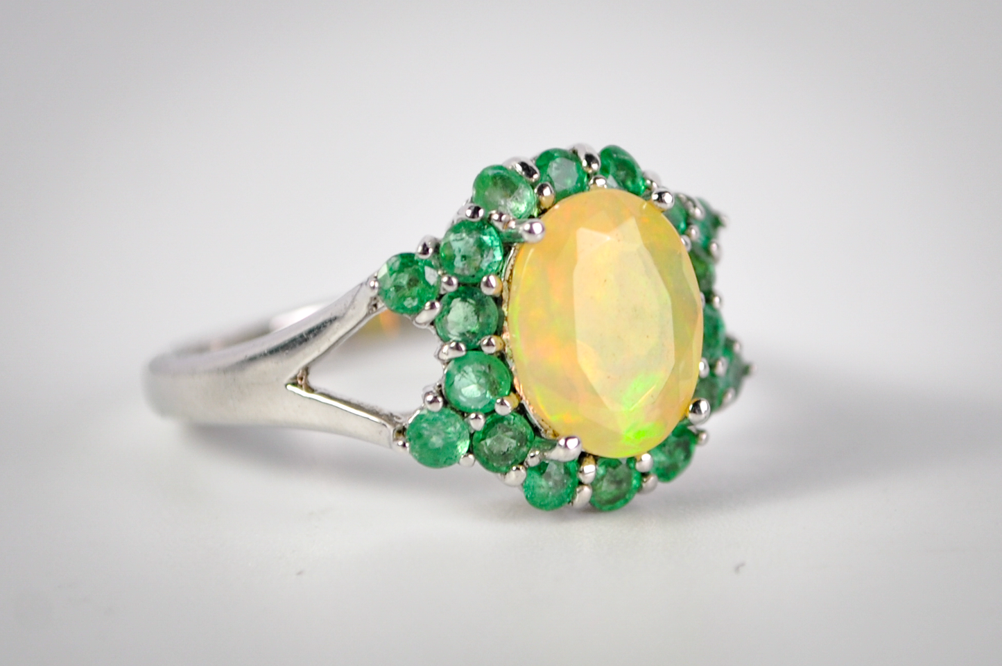Signed BBJ Thailand 925 Sterling Silver Opal Ring with Green Halo Accent Stones - Vintage BBJ Silver Opal Cluster Ring Size 7