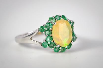 Signed BBJ Thailand 925 Sterling Silver Opal Ring with Green Halo Accent Stones - Vintage BBJ Silver Opal Cluster Ring Size 7