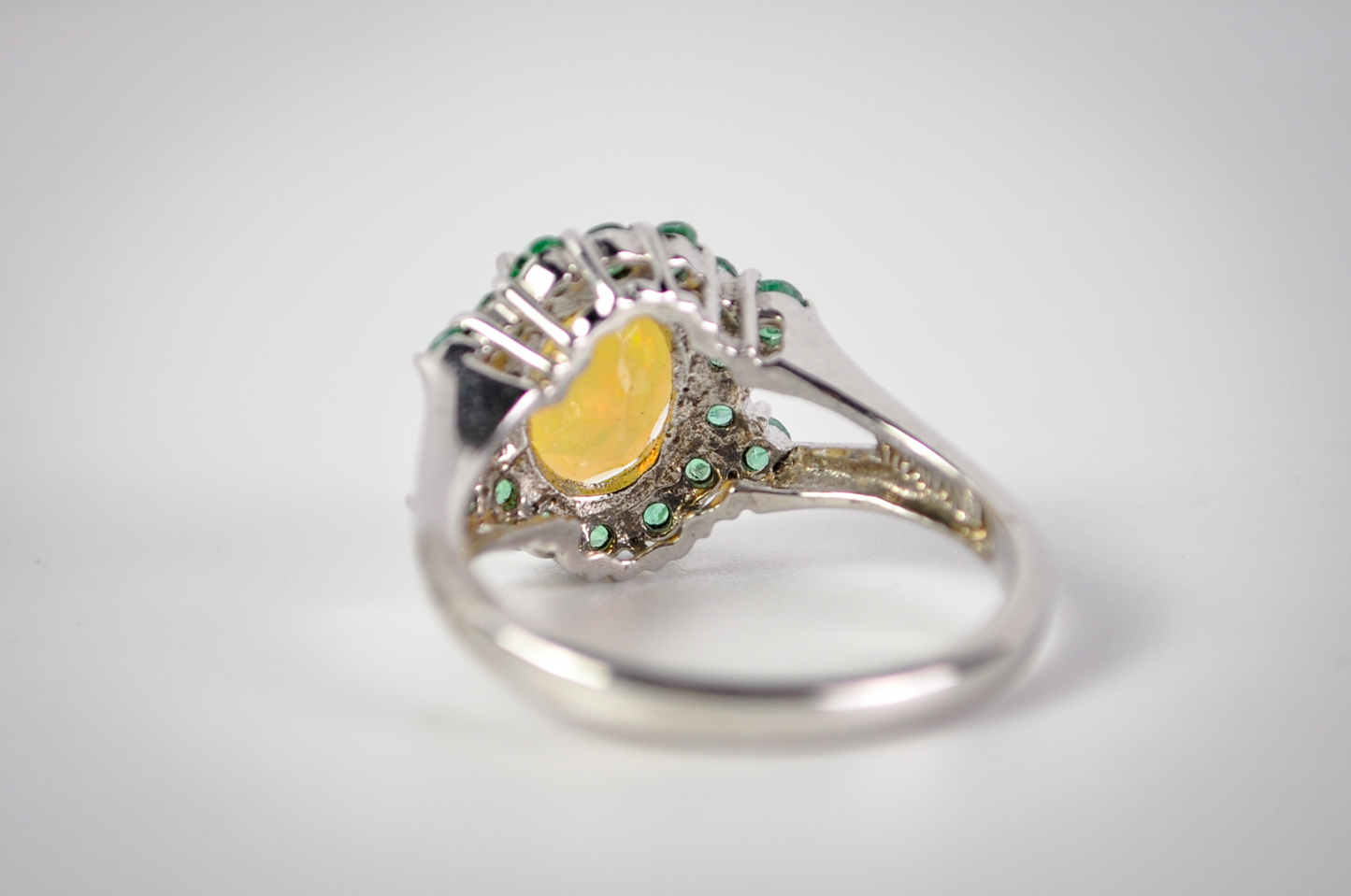Signed BBJ Thailand 925 Sterling Silver Opal Ring with Green Halo Accent Stones - Vintage BBJ Silver Opal Cluster Ring Size 7