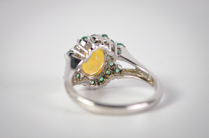 Signed BBJ Thailand 925 Sterling Silver Opal Ring with Green Halo Accent Stones - Vintage BBJ Silver Opal Cluster Ring Size 7