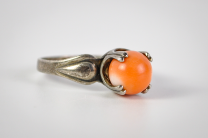 Vintage Sterling Silver Size 9 Natural Coral Cabochon Ring - Stunning Natural Coral Fidget Sterling Silver Ring