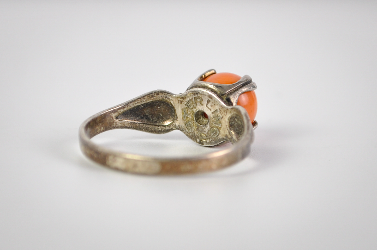 Vintage Sterling Silver Size 9 Natural Coral Cabochon Ring - Stunning Natural Coral Fidget Sterling Silver Ring