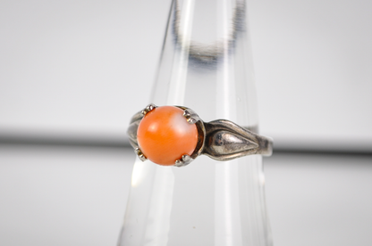 Vintage Sterling Silver Size 9 Natural Coral Cabochon Ring - Stunning Natural Coral Fidget Sterling Silver Ring