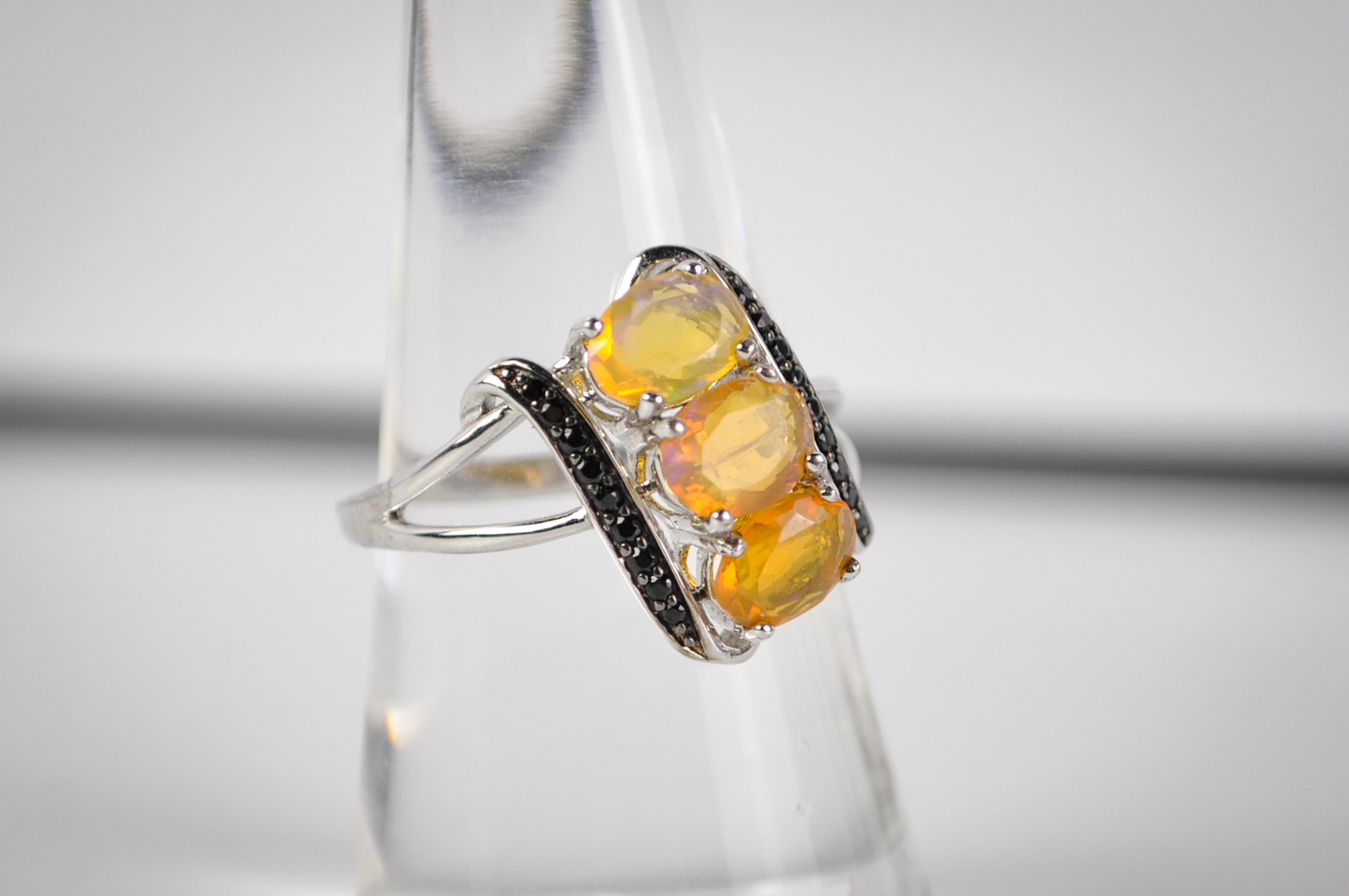 Three-Stone Yellow Gemstone Bypass Ring in 925 Sterling Silver, Size 8 - Sterling Silver Three-Stone Yellow and Black Accent Cocktail Ring