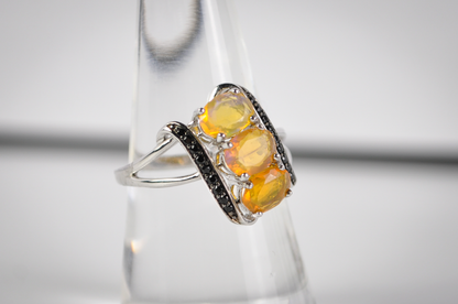 Three-Stone Yellow Gemstone Bypass Ring in 925 Sterling Silver, Size 8 - Sterling Silver Three-Stone Yellow and Black Accent Cocktail Ring