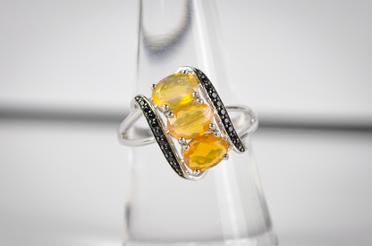 Three-Stone Yellow Gemstone Bypass Ring in 925 Sterling Silver, Size 8 - Sterling Silver Three-Stone Yellow and Black Accent Cocktail Ring