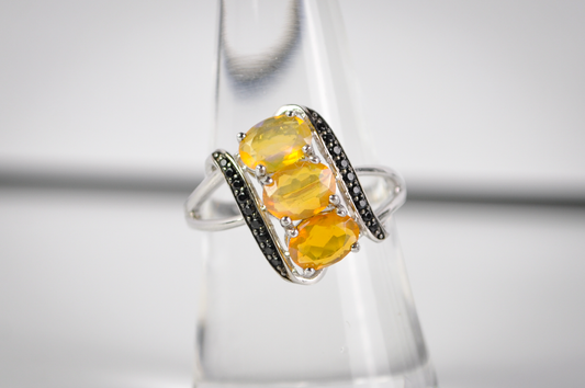 Three-Stone Yellow Gemstone Bypass Ring in 925 Sterling Silver, Size 8 - Sterling Silver Three-Stone Yellow and Black Accent Cocktail Ring