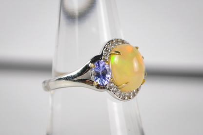 Welo Opal and Tanzanite Statement Ring Sz 7 925 Silver KHR Designer Jewelry - Art Deco Opal Ring with Tanzanite Accents