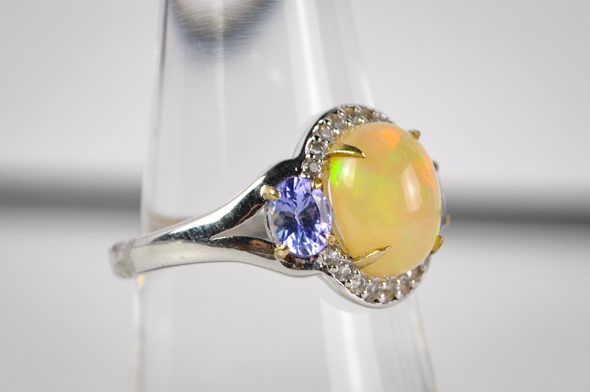 Welo Opal and Tanzanite Statement Ring Sz 7 925 Silver KHR Designer Jewelry - Art Deco Opal Ring with Tanzanite Accents
