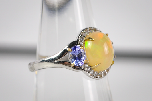 Welo Opal and Tanzanite Statement Ring Sz 7 925 Silver KHR Designer Jewelry - Art Deco Opal Ring with Tanzanite Accents