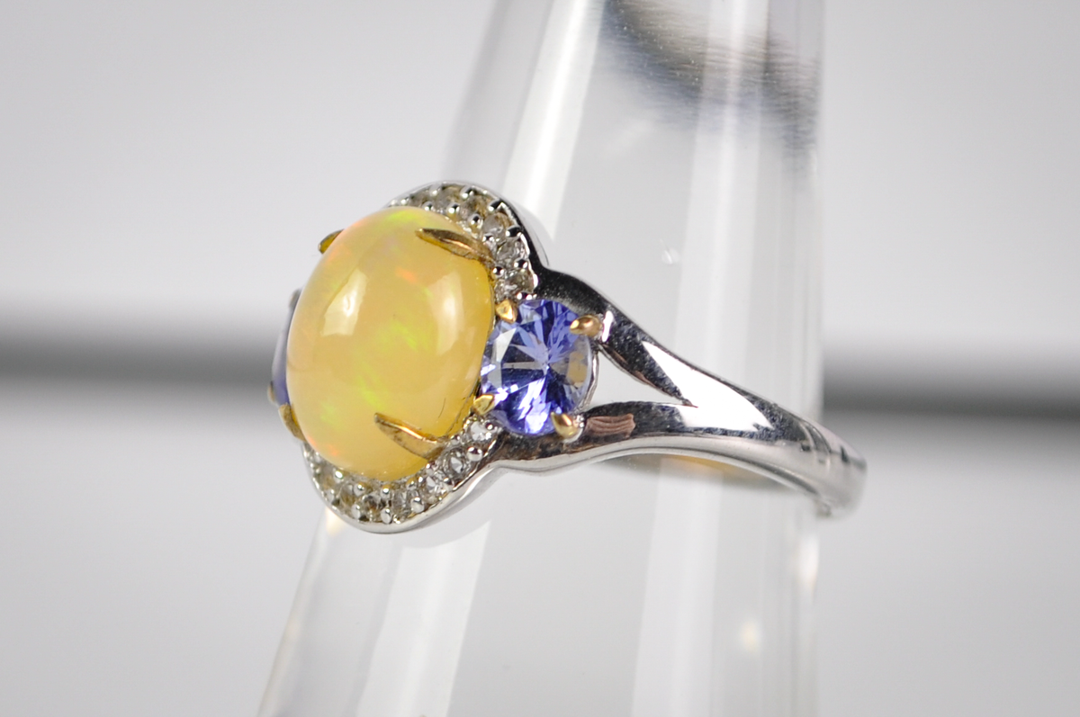 Welo Opal and Tanzanite Statement Ring Sz 7 925 Silver KHR Designer Jewelry - Art Deco Opal Ring with Tanzanite Accents