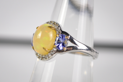 Welo Opal and Tanzanite Statement Ring Sz 7 925 Silver KHR Designer Jewelry - Art Deco Opal Ring with Tanzanite Accents