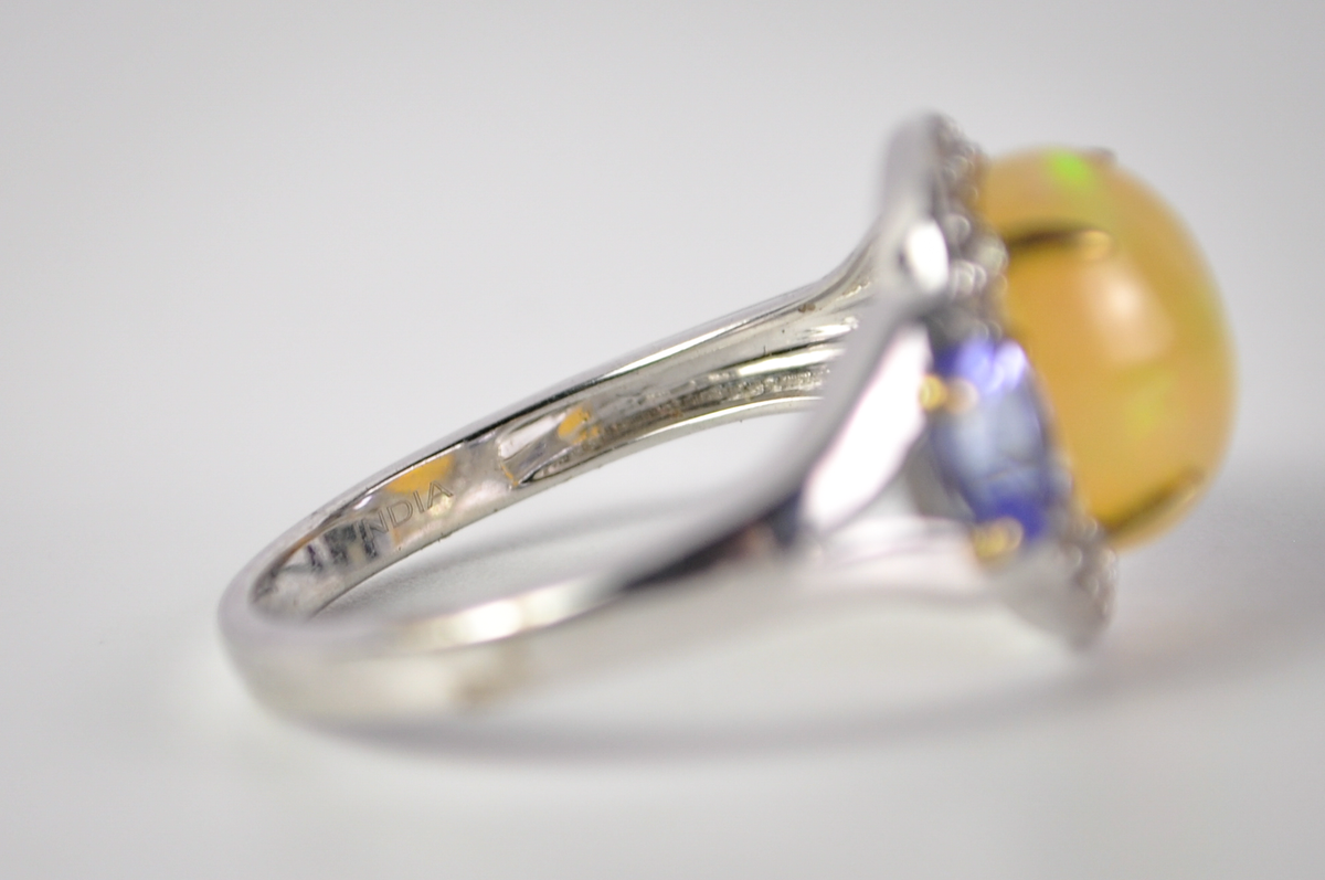 Welo Opal and Tanzanite Statement Ring Sz 7 925 Silver KHR Designer Jewelry - Art Deco Opal Ring with Tanzanite Accents