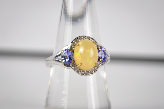 Welo Opal and Tanzanite Statement Ring Sz 7 925 Silver KHR Designer Jewelry - Art Deco Opal Ring with Tanzanite Accents