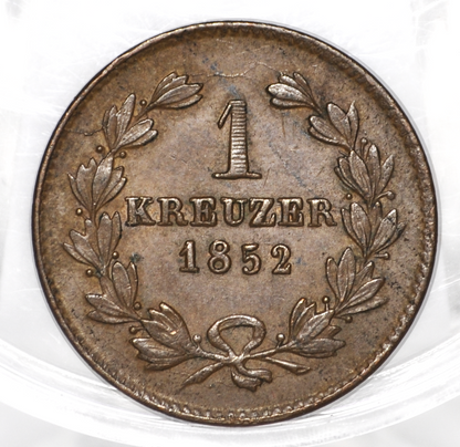 1852 German States 1 Kreuzer - UNC Condition - Grand Duchy of Baden - Leopold, Grand Duke of Baden - German Coins