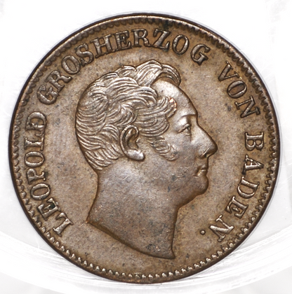 1852 German States 1 Kreuzer - UNC Condition - Grand Duchy of Baden - Leopold, Grand Duke of Baden - German Coins