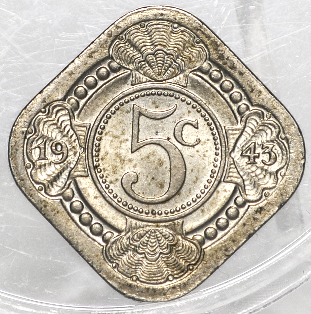 1943 Netherlands Curacao Dutch Caribbean 5 Cent - AU/UNC - Oversees Territories - Queen Wilhelmina - WWII Issue