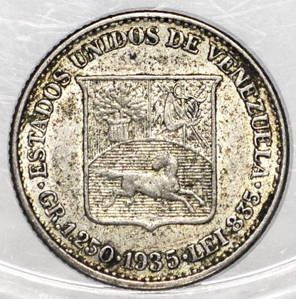 1935 Venezuela 1/4 Bolivar Silver Coin - AU Condition - Philadelphia Mint