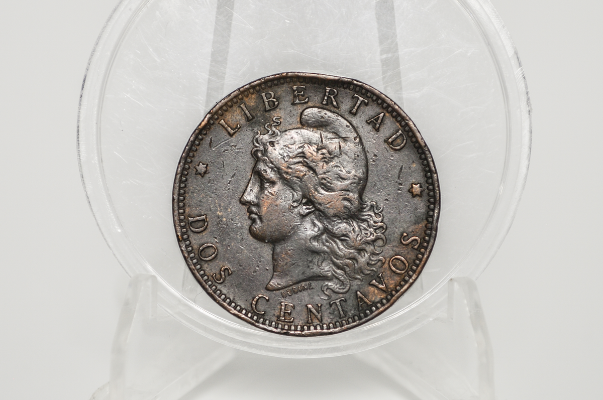 1890 Republic of Argentina Libertas Dos Centavos - AU Details - Dented - 1890 2 Centavos Argentina, 2 Centavos Coin