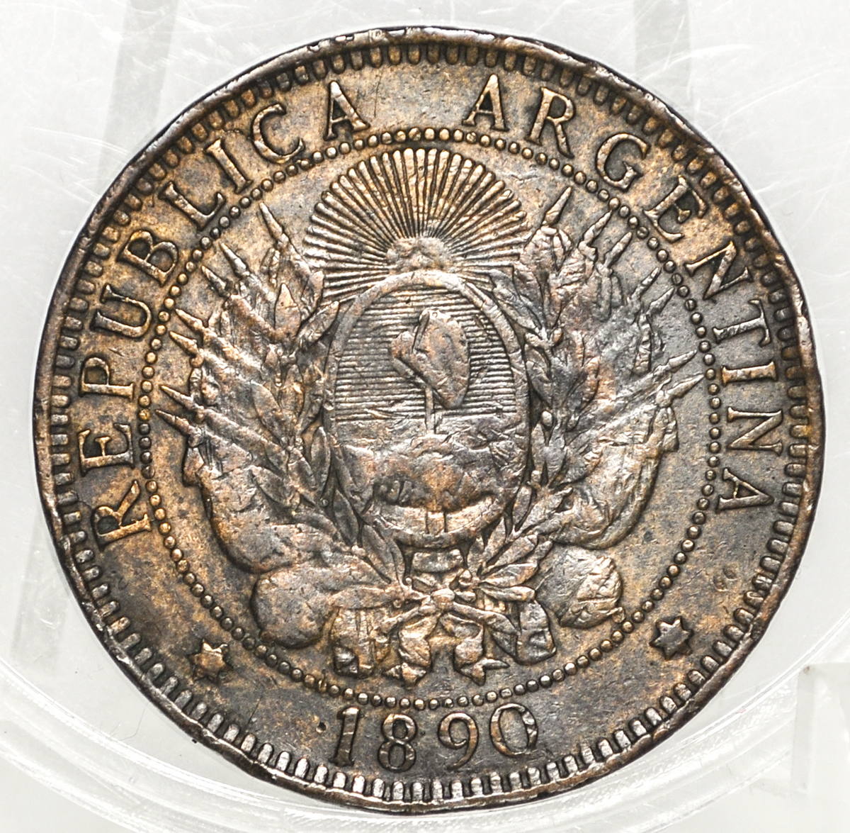 1890 Republic of Argentina Libertas Dos Centavos - AU Details - Dented - 1890 2 Centavos Argentina, 2 Centavos Coin
