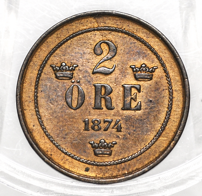 1874 Swedish 2 Ore Coin - VF/XF Condition - 1874 Sweden Two Ore - 1.9 Million Minted - Sweden 2 Ore 1874