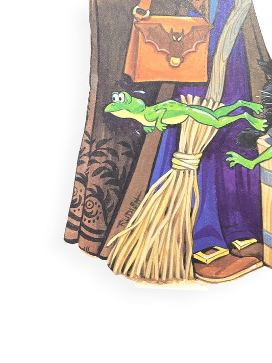 1983 Hallmark Rudish Illustrated Witch Kissing Frog Die Cut Halloween Wall Decoration - 11.5" x 7" - Vintage Funny Hallmark Witch Decor