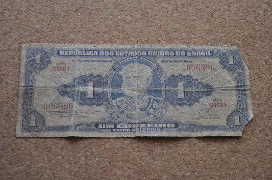 1954 Brazilian 1 Cruzeiro Banknote - One Cruzeiro Paper Note - Marquis of Tamandaré