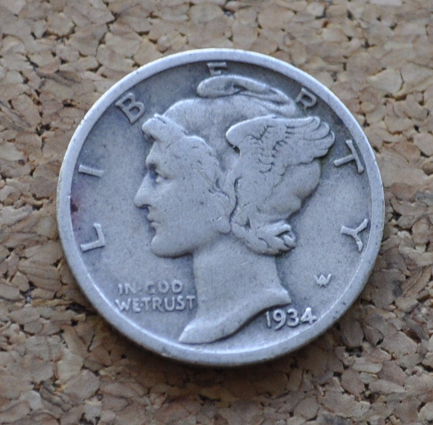 1934-D Mercury Dime - F to VF (Fine to Very Fine) - Denver Mint - Winged Liberty Head Dime 1934D - Silver Dime 1934 D