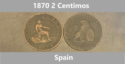 1870 2 Cetimos - Dos Centimos - 2 Cents - Bronze - Collectors Coin - Spain