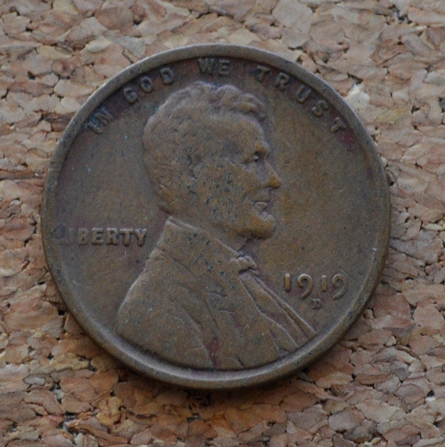 1919 D Wheat Penny - G - VG (Good to Very Good) - Denver Mint - WWI Era Coin - 1919 D Wheat Ear Cent