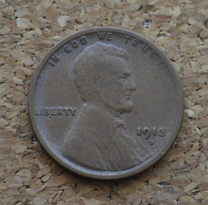 1913-D Wheat Penny - F (Fine) Grade / Condition - Early Date - 1913D Wheat Cent - Denver Mint - Wheat Ear Cent 1913 D - WW1 Era Coin