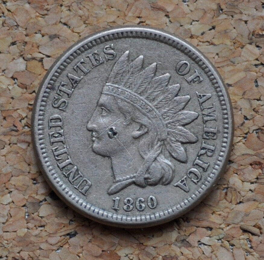 1860 Indian Head Penny / 1860 Indian Head Cent - XF details with ding on profile - Incredible Detail - Lower Price due to damage