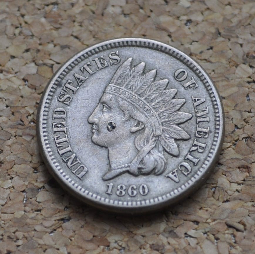 1860 Indian Head Penny / 1860 Indian Head Cent - XF details with ding on profile - Incredible Detail - Lower Price due to damage