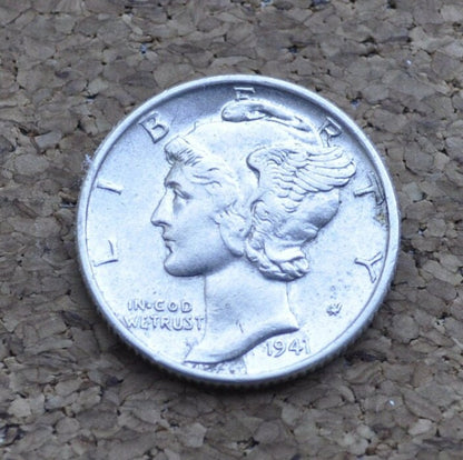 1941 Mercury Dime - AU (About Uncirculated) - Philadelphia Mint - 1941 P Silver Dime - 1941 Winged Liberty Silver Dime - 1941 P Mercury Dime
