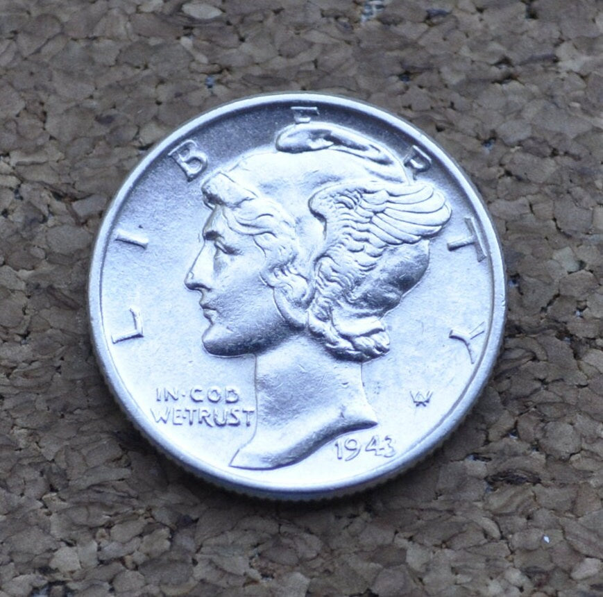 1943-D Mercury Dime - AU (About Uncirculated) - Denver Mint - 1943 D Liberty Head Dime - 1943 D Winged Liberty Silver Dime