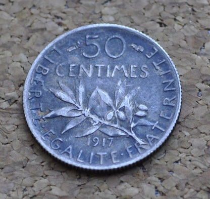 1910's French 50 Centimes Coin - Silver 50 Centimes - WWI Era - France Silver Fifty Centimes - 50 Centimes France 1916, 1917, 1919