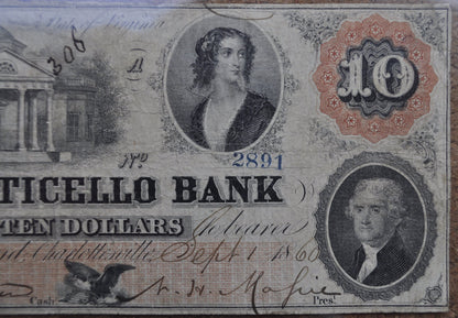 1860 Monticello Bank of Charlottesville Virginia 10 Dollar Paper Banknote - Very Rare and in Very Fine Condition - Obsolete Currency